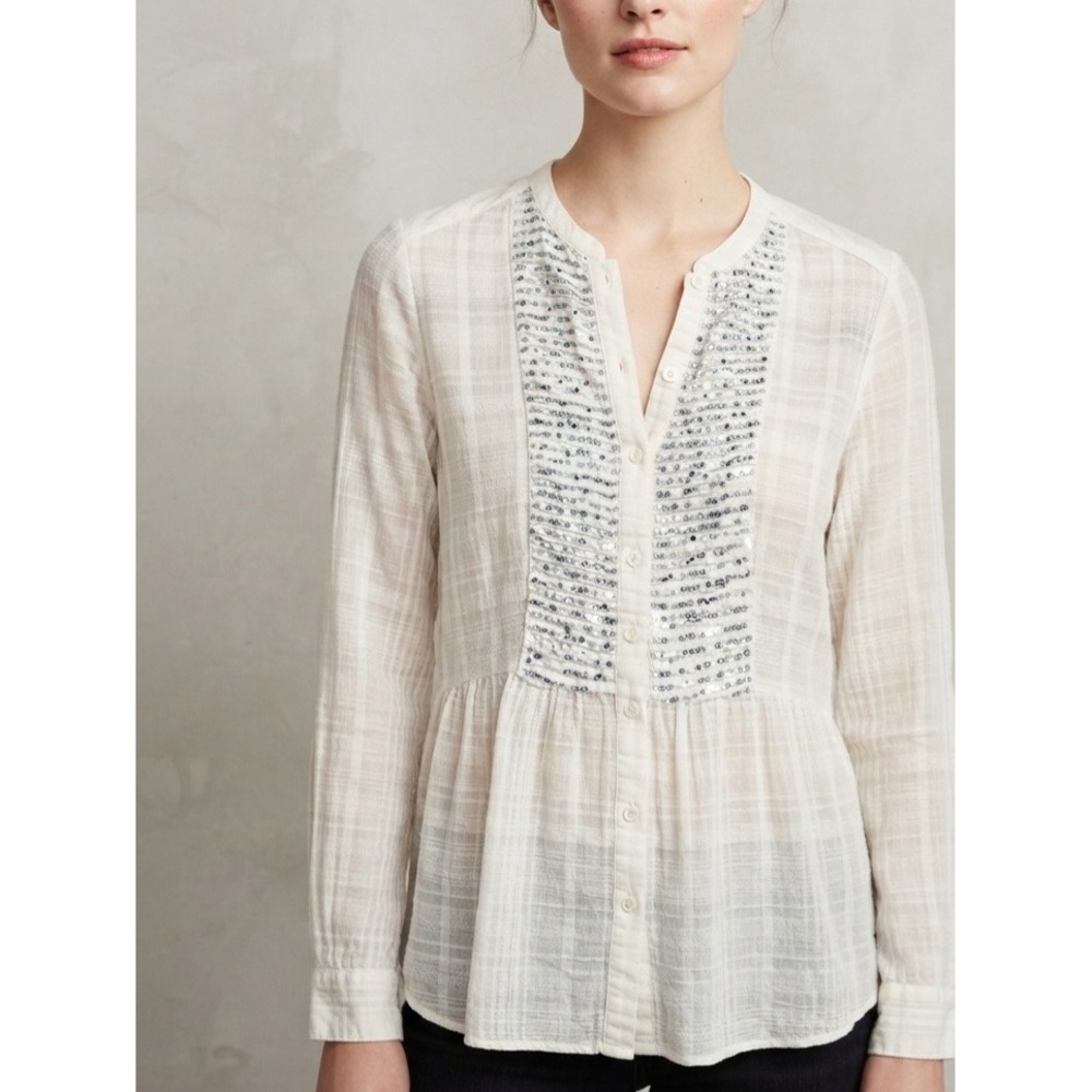 Maeve Boho Sequin Plaid Gauze Peplum Button Down Blouse Top‎ White Size 2